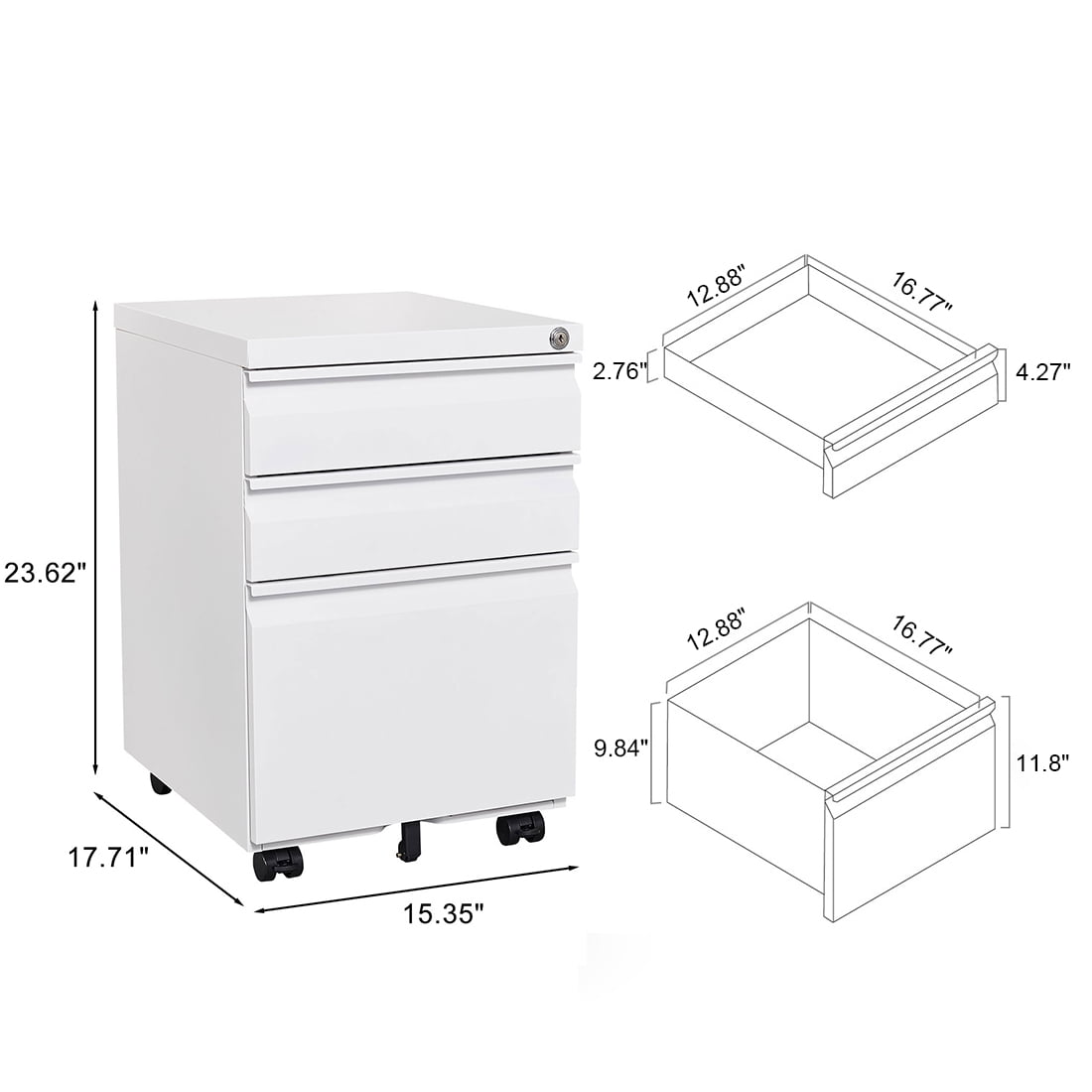 White 3-Drawer Office Filing Cabinet on Wheels with Lockable Storage for