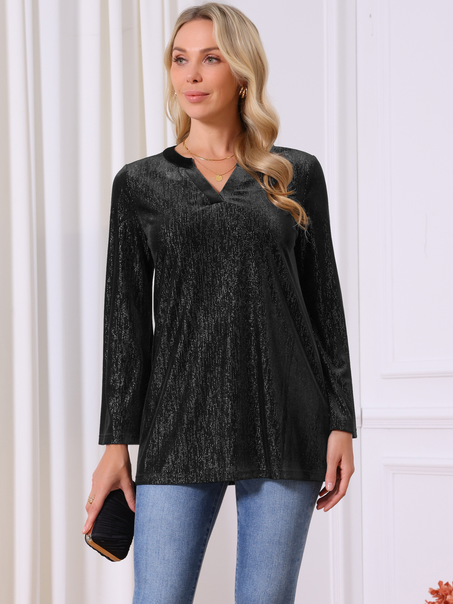DARING DIVA Women's Velvet V Neck Long Sleeve Metallic Blouse XL Black