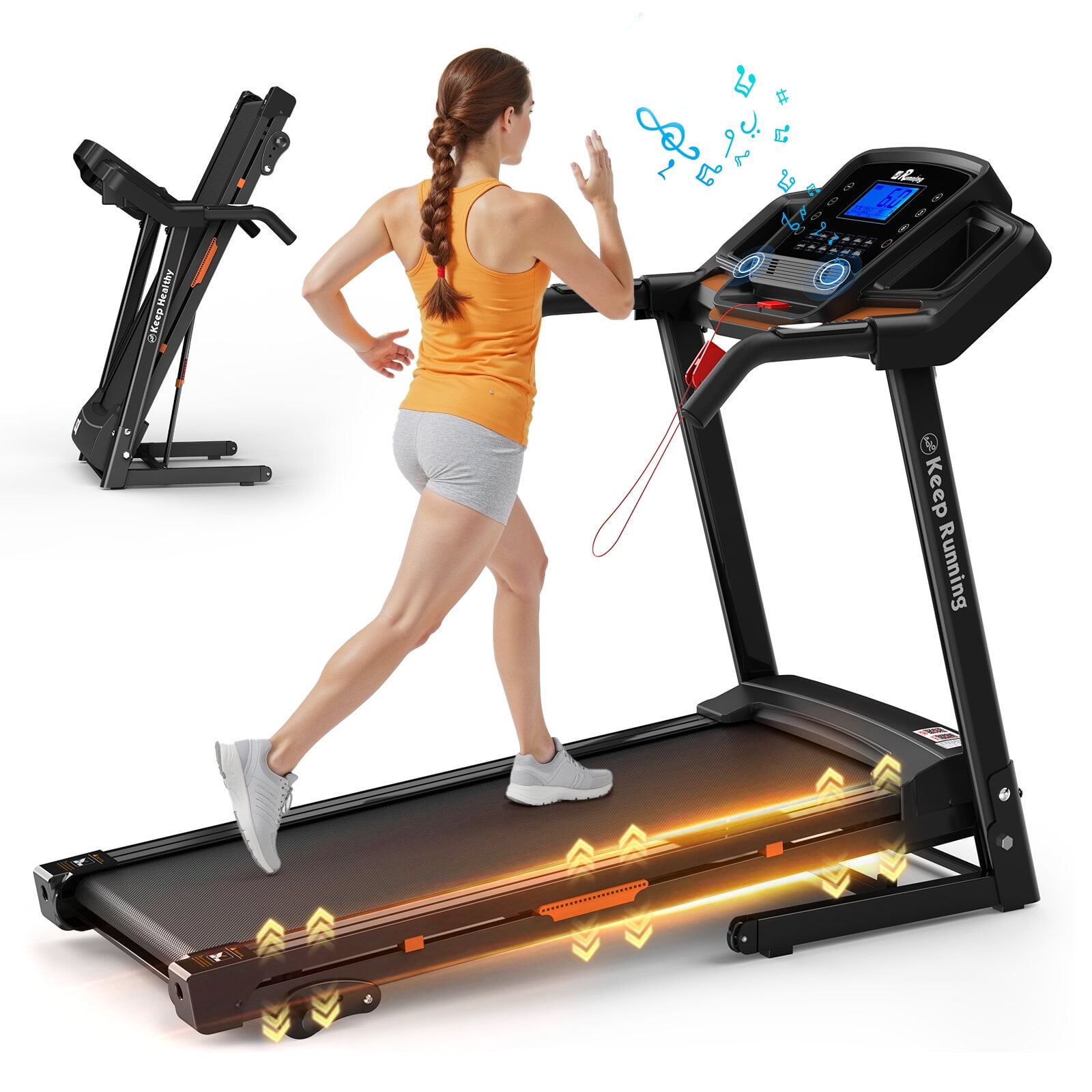 Folding Treadmills, Foldable Treadmill with Incline, Folding Treadmill for Home Electric Treadmill Workout Running Machine, Handrail Controls Speed, Pulse Monitor,APP, Black Running Machine