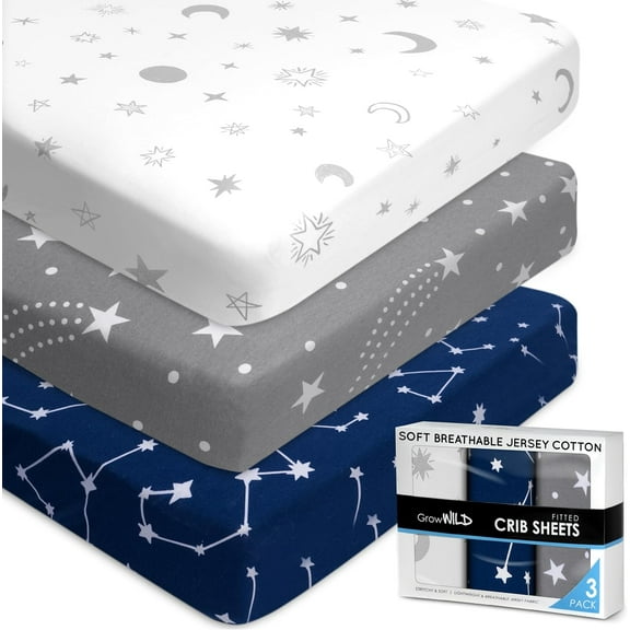 GROW WILD Crib Sheets For Boys or Girls | 3 Pack Soft Stretchy Jersey Cotton Fitted Crib Sheet Neutral | Grey White Navy Blue Baby Crib Sheets For Girl, Crib Mattress Sheet or Toddler Bed Sheets