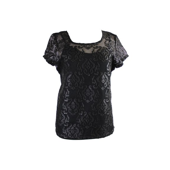 Inc International Concepts Womens Black Short-Sleeve Pleather-Trim Mesh-Front To