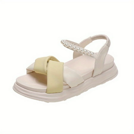 

Women‘s Twist Cross Strap Platform Sandals Faux Pearl Elastic Strap Slip On Shoes Casual Dress Beach Sandals