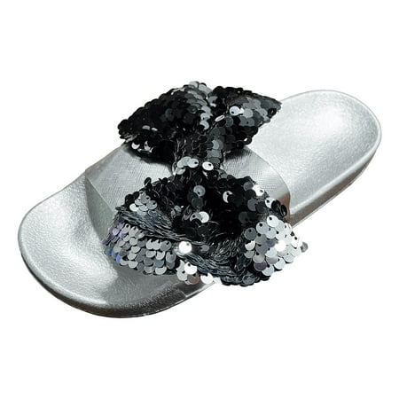 OJSFQUFP Sandals Womens Women Shoes Flat Beach Slippers Fashion Shiny Flat Slippers Flashing Diamond Bow Knot Sandals Comfortable Slippers for Women Silver 40