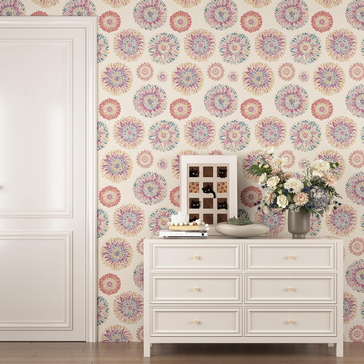 Boho Wallpaper Peel and Stick, Vintage Circle Floral Contact Paper, Abstact Beige/Blue/Pink Retro Flower Wall Paper Self Adhesive Removable Waterproof for Walls Shelves Cabinet Table 17.5" x 118"