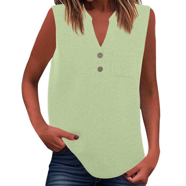 Camiseta sin mangas de verano para mujer, corte holgado, plisada, cuello en V, sin mangas, fluida, informal