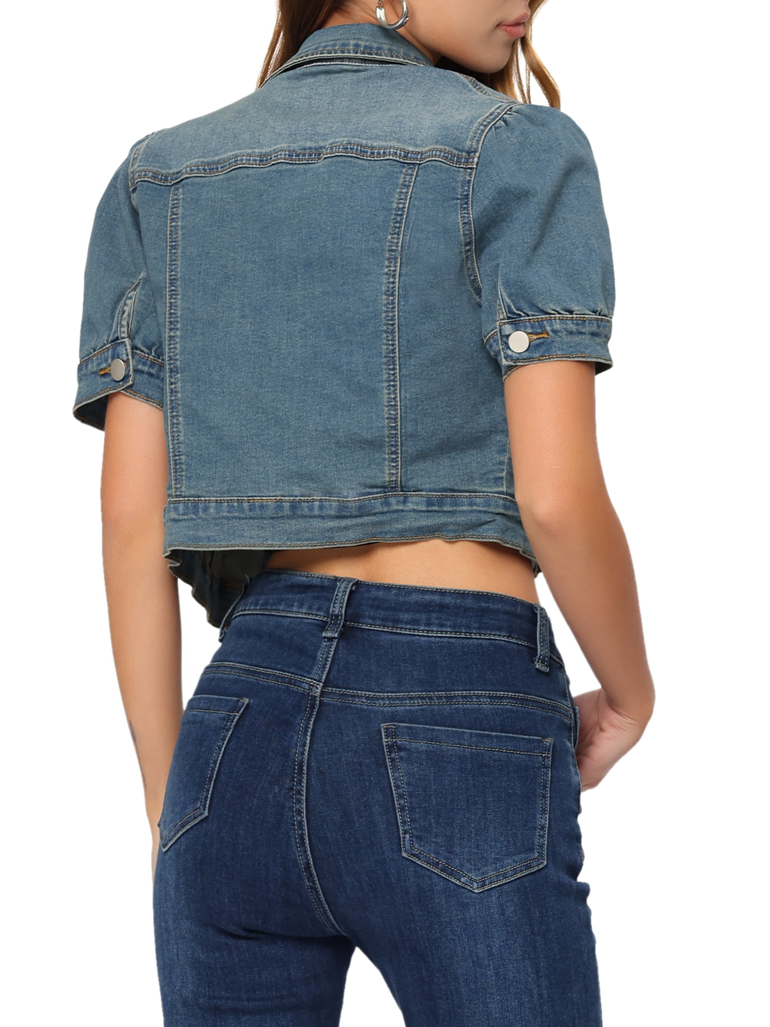 DARING DIVA Women's Cropped Jackets Puff Button Down Washed Denim Jean Jacket S Blue