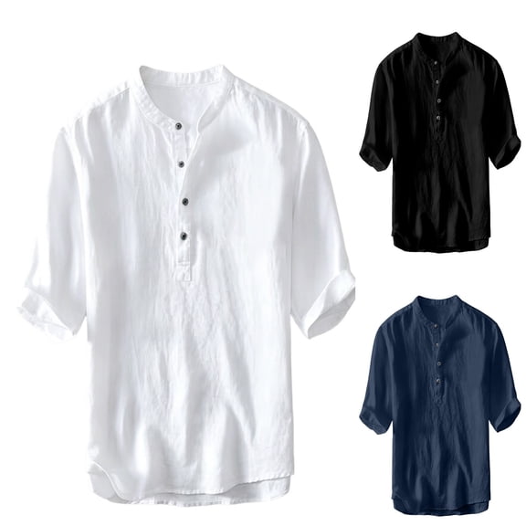 FRSASU Mens Linen Shirts Casual Cotton 3/4 Sleeve Regular-Fit Henley T-Shirt Summer Lightweight Beach Yoga Tops White