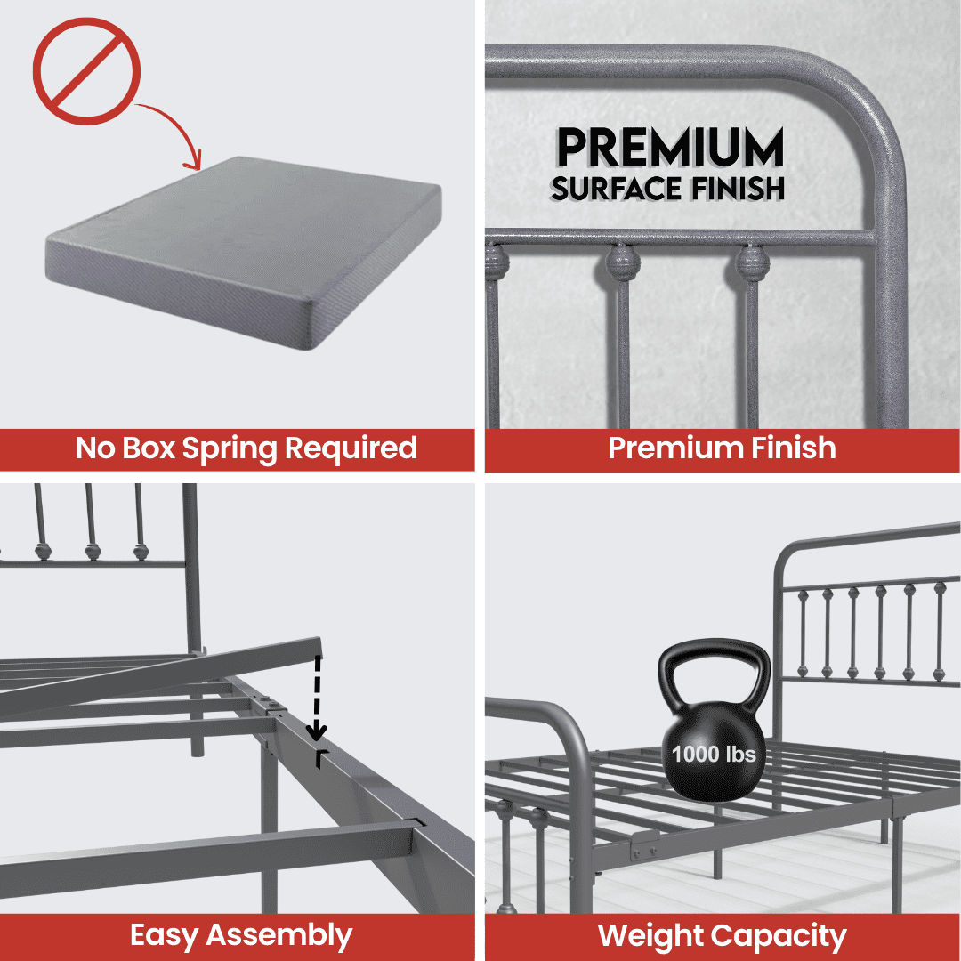 Golden Gate Beds Vintage Wrought Iron Bed Frame with Classic Metal Platform Base, Headboard and Footboard, No Box Spring Needed, Easy Assembly, Mattress Foundation, Sleek Silver Finish - Full Size