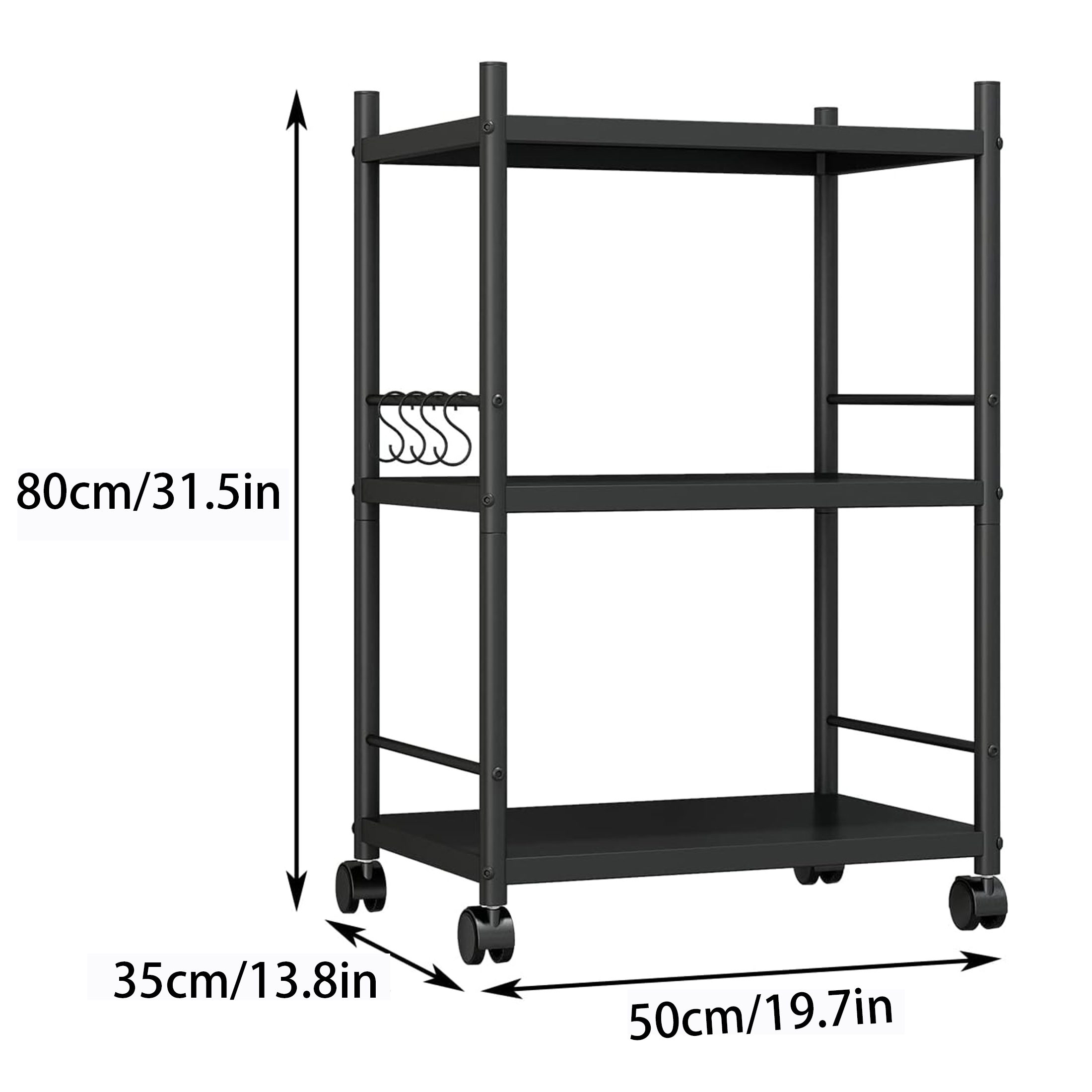 Hipuna Kitchen Baker's Rack 3-Tier Metal Storage Shelves, Heavy Duty Microwave Stand with Wheels