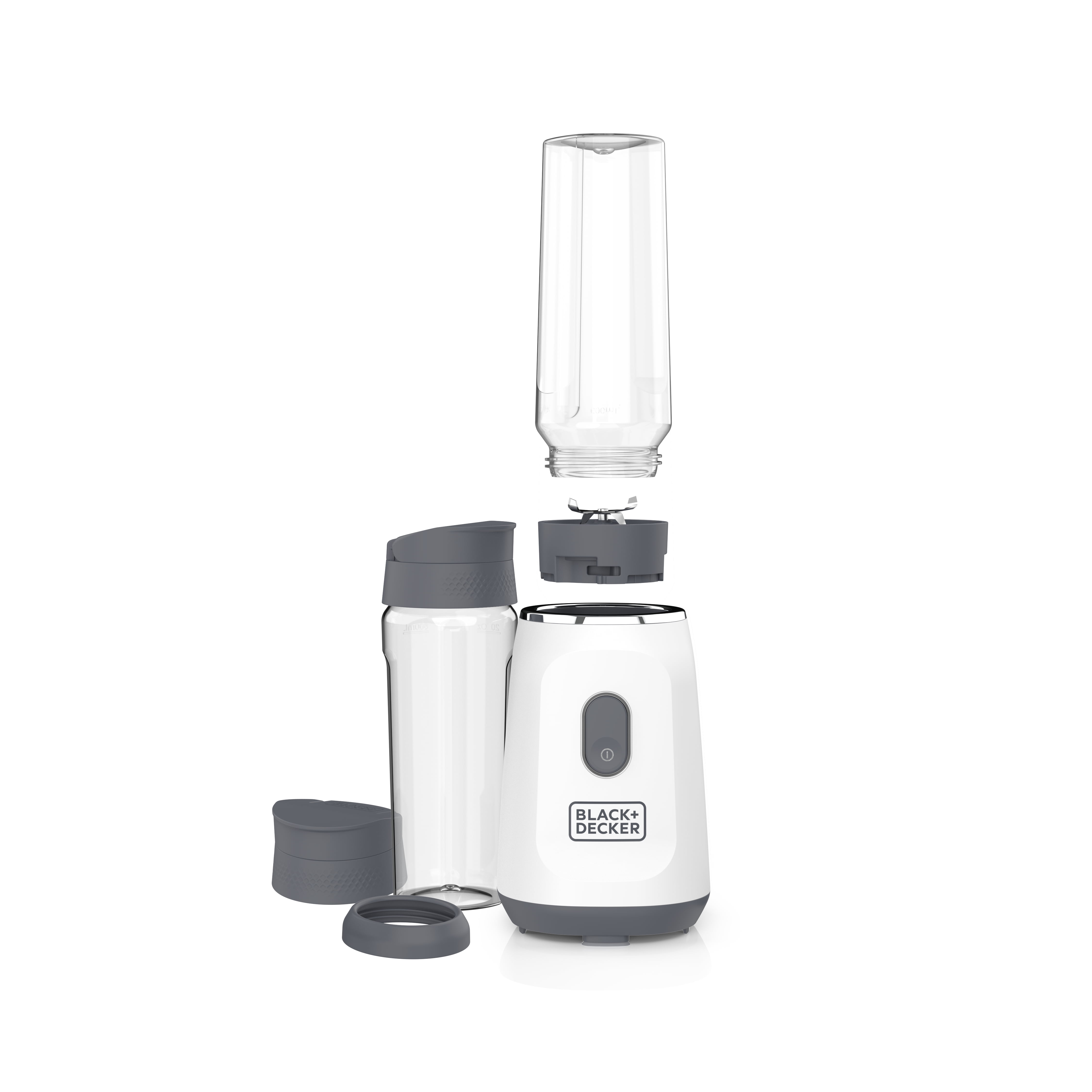 Open Box Black & Decker Single Serve Blender, two 20 Oz Dishwasher Safe Tritan Plastic Travel Jars, Spill-Resistant Travel Lids, 300 W, On/Off & Pulse Control Button, Stainless Steel Blade, White PB2209BDW