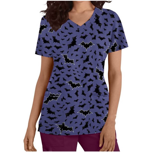 Pntutb Mujer Manga Corta Cuello En V Tops Uniforme Día De La Independencia Impreso Bolsillos Blusa Enfermería Pntutb Pntutb-7680
