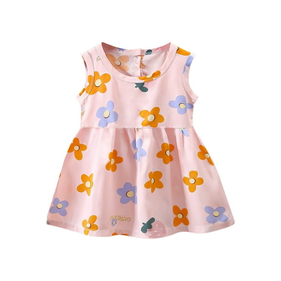 WREESH Toddler Kids Girls Dress Fashion Summer New Sleeveless Ruffled Pockets Round-Neck Printed Dress Sweet Tank Top Pink