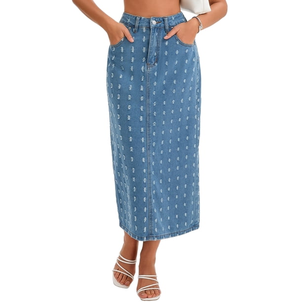 Falda de mezclilla Miaxi Inspire Chic para mujeres, de cintura alta, con puntos suizos, abertura trasera, falda de columna casual, 2XL, azul claro