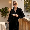 thumbnail image 4 of Szluipve 2 Piece Sets for Women Velour 2 Piece Tracksuit Half Zip Stand Collar Long Sleeve Top Elastic Waist Wide Leg Pants Casual Velvet Loungewear Outfit Black XL, 4 of 8