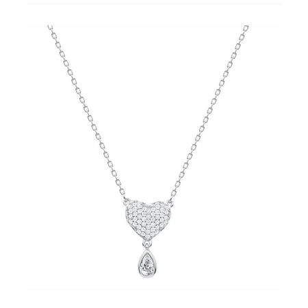 925 Sterling Silver Pave Cubic Zirconia CZ Heart Shape Pendant Necklace Rhodium Plated 16" + 2" for Women, Italy