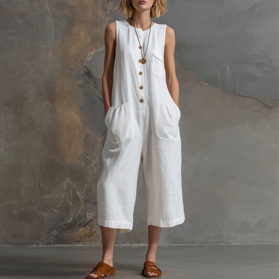 Morttic Women's Minimalist Button Pocket Jumpsuit – Sleeveless Round Neck, Capri Wide Leg, Loose Bohemian Casual One Piece White,S