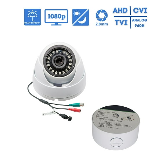 Evertech Indoor Outdoor Weatherproof Wide Angle 2.8mm Lens 2MP Dome Security Camera with Mounting Base Junction Box
