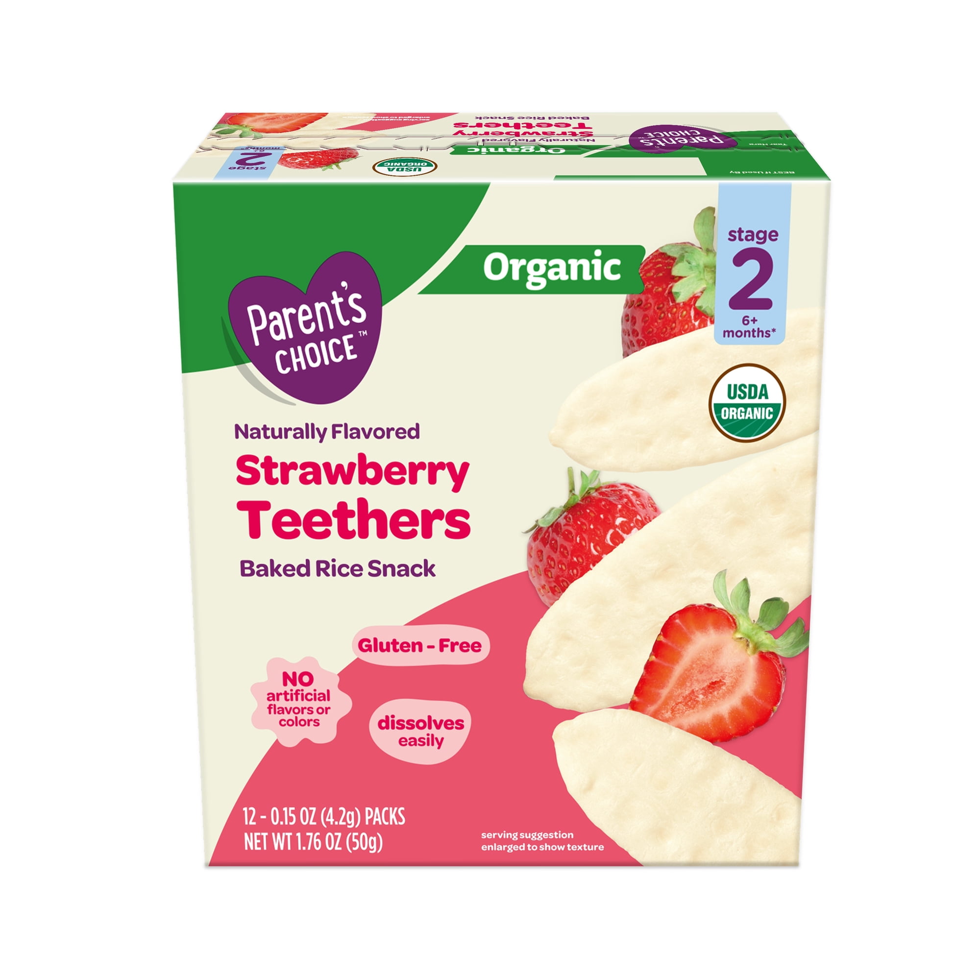Parent's Choice Organic Strawberry Rice Rusks Baby Snacks, 0.15 oz, 12 Pack