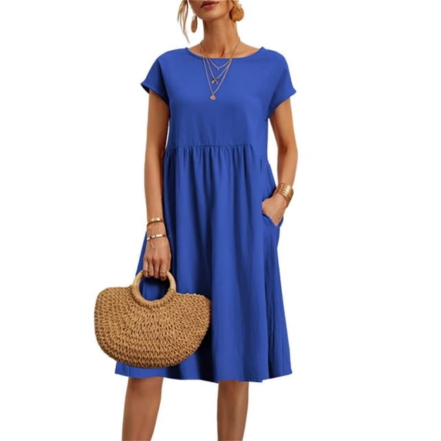 Vestido midi Zhyaj con cuello redondo y manga corta holgado, túnica de algodón