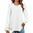thumbnail image 3 of Long Sleeve Eyelet Tops for Women 2025 Spring Fall Crew Neck Shirts Casual Loose Blouse Trend Outfits Clothes White M, 3 of 8