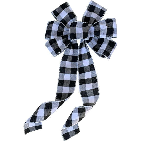 Buffalo Plaid Christmas Wreath Bow - 10" Wide, 18" Long Pre-Tied Bow, Black & White Checkers, Decoration