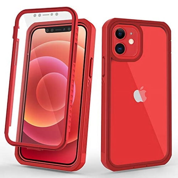 CellEver Compatible with iPhone 12 Case/iPhone 12 Pro Case, Clear Full Body Heavy Duty Protection Shockproof Rugged Transparent Cover with Built-in Clear Screen Protector - Red