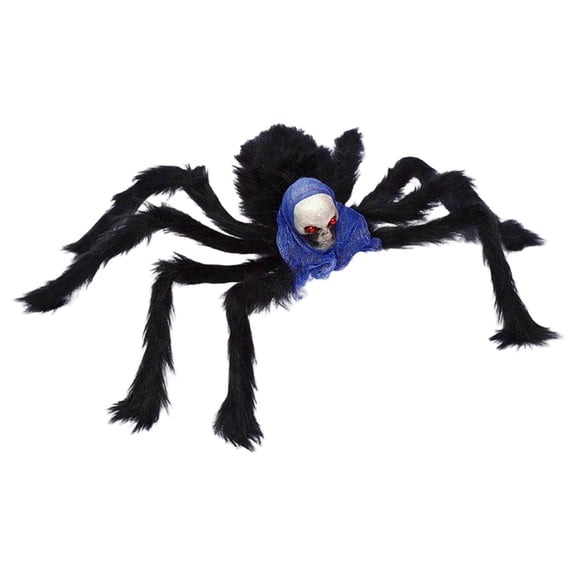 Black Spider Halloween Prop with Skull Head and Blue Hood, Halloween Hanging Decor, Spooky Yard Decoration for Party