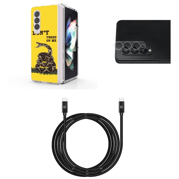 Accessory Bundle for Galaxy Z Fold 4: Slim Snap-On Case (Don't Tread on Me), Rear Camera Glass Protector, Nylon Braided USB-C to USB-C Cable (4 Feet)