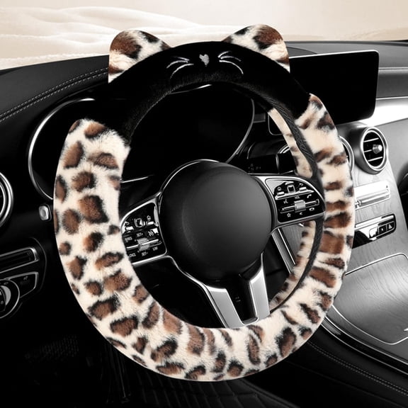 chalian-3D Ear Furry Cheetah Car Steering Wheel Cover Set Fluffy Faux Wool Steering Wheel Protector Leopard Anti-Slip Soft Warm Car Accessories for Women (White Khaki)