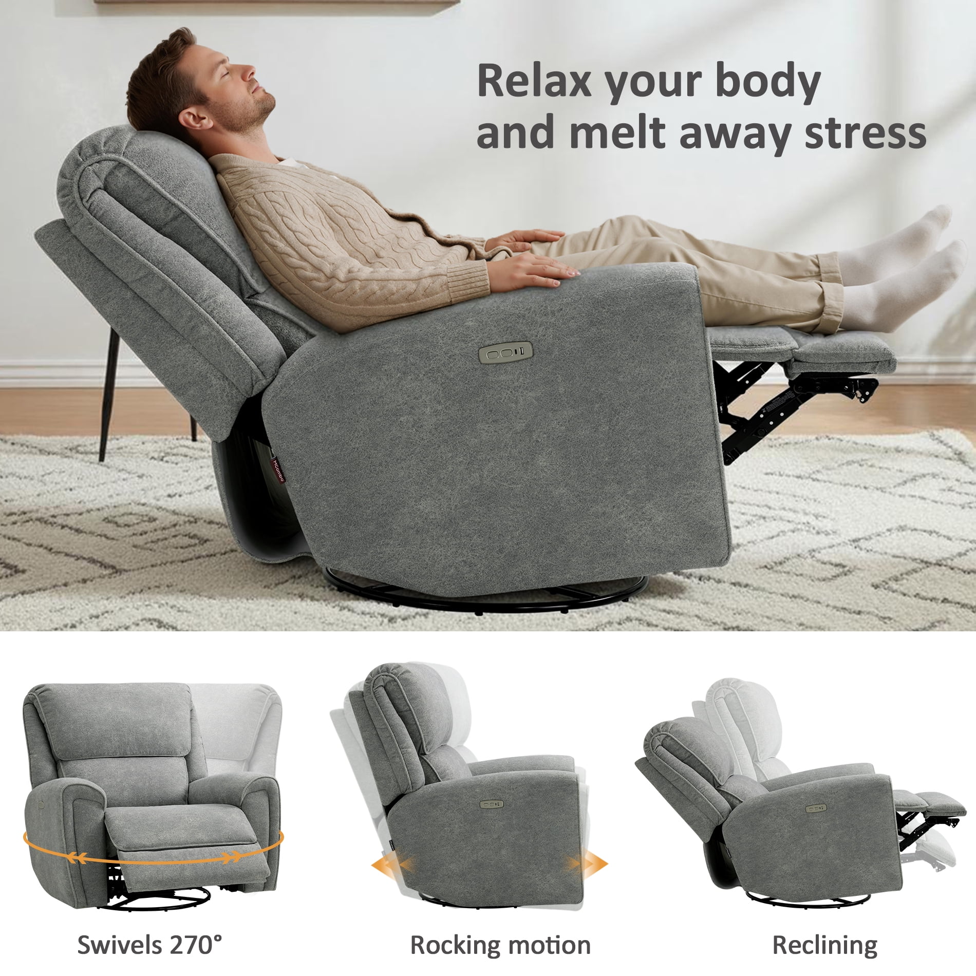 MCombo 400lbs Oversized Swivel Rocker Power Recliner Chair for Big and Tall People, Fabric, Light Grey