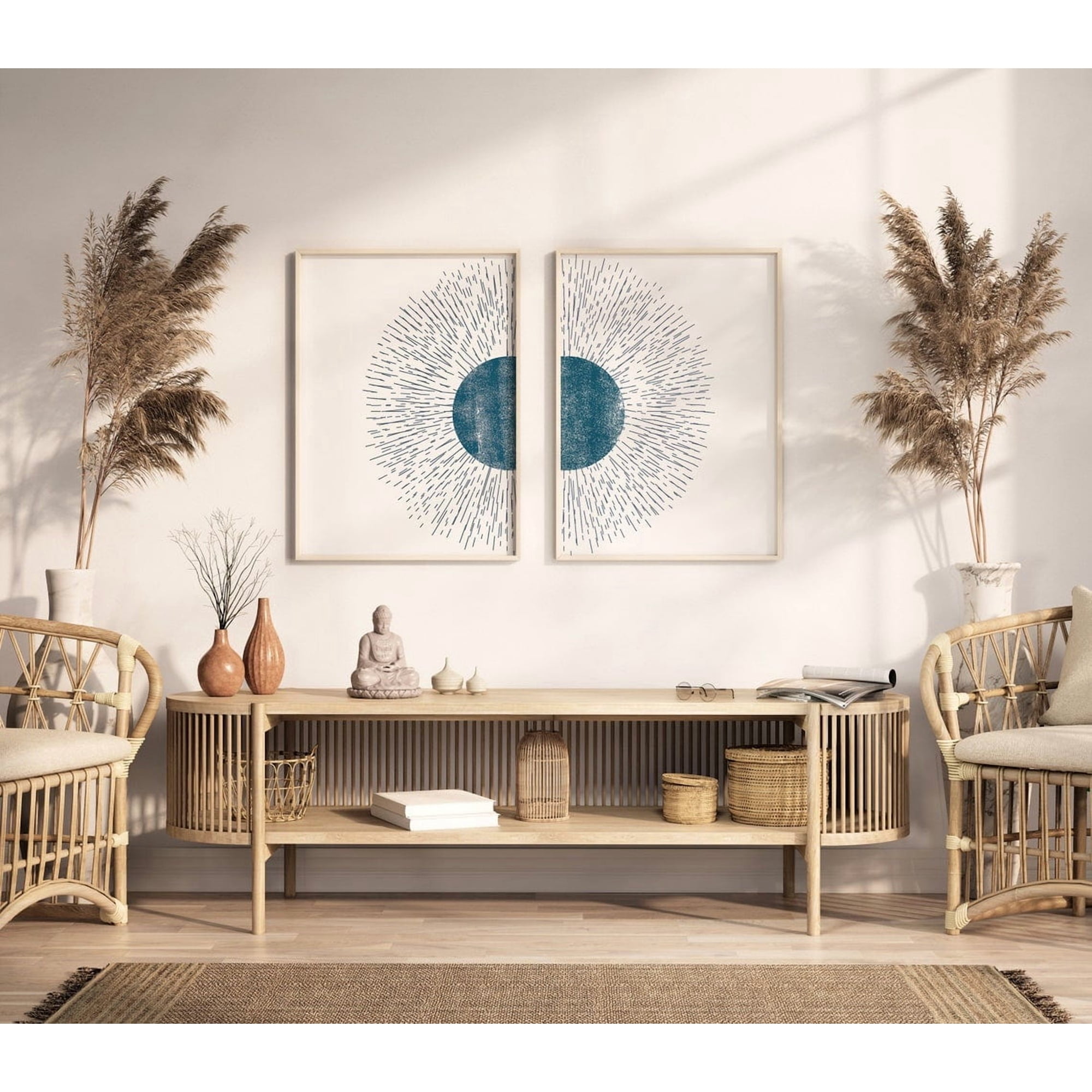 Set Of 2 Abstract Sun Wall Art Prints Boho Geometric Minimalist Modern Living Room And Office Decor