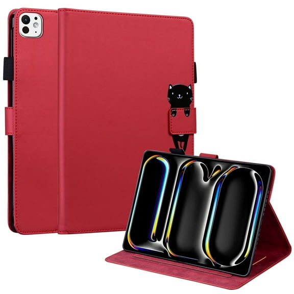 Dteck Folio Case for iPad Pro 11-inch (M4) 2024, Multi-Angle Viewing Protective Stand Cover with Pencil Holder & Card Holder,Red