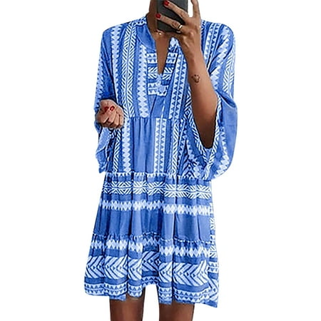 DYMADE Women's 3/4 Sleeve V Neck Bohemian Ruffle Midi Dress Flowy Summer Dress