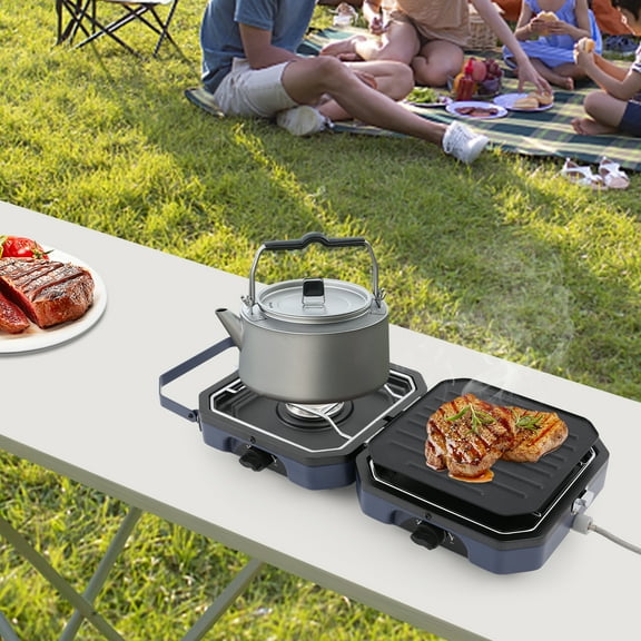 Compact Dual Fuel Stove Set, Dark Blue Non-Stick Surface & Tabletop Mount, Max 7.87in Pot Diameter for Family Gatherings/Beach Parties