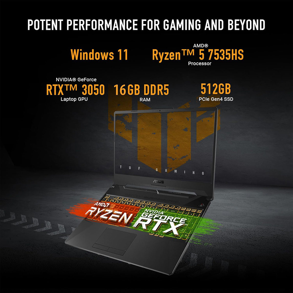 ASUS TUF Gaming A15 FA506NC 15.6" Full HD 144Hz Gaming Laptop, AMD Ryzen 5 7535HS 3.3GHz, 16GB RAM, 512GB SSD, NVIDIA GeForce RTX 3050 4GB, Windows 11 Home, Graphite Black