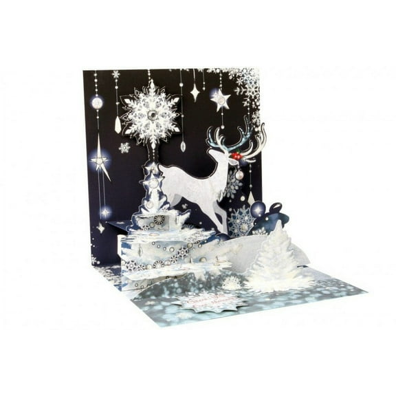 Up With Paper Reindeer Silhouette and Snowflakes Pop-Up Christmas Card
