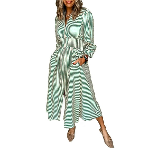 Chic Green Stripe V Neck Zip Front Cinched High Waist Midi Dress for Women - [ZhiHiMeRi] | L