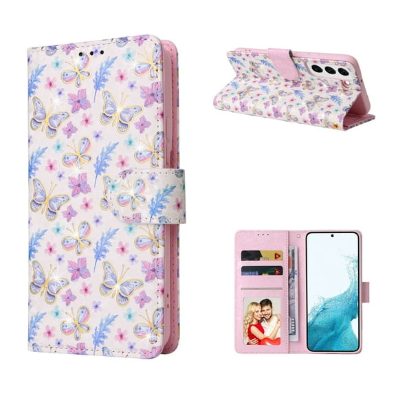 Nalacover Wallet Case for Samsung Galaxy S23, Bling Flower Pattern PU Leather Wrist Strap Handbag Magnetic Clasp Cover with Kickstand Card Slots Holder Soft TPU Shockproof Case, Blue Butterfly