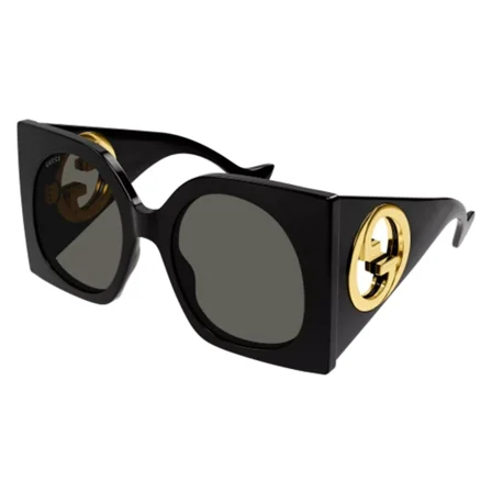 Gucci GG 1254S 001 GG Logo Black Gold Grey Oversized Woman Sunglasses