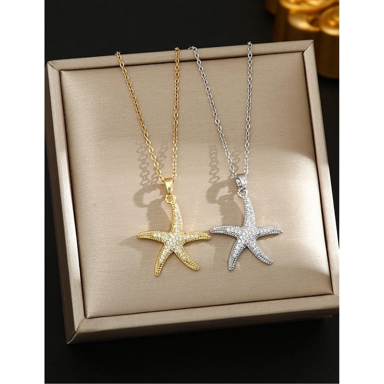 Gold Plated Starfish Seashell Necklace - Bohemian Beach Jewelry With Imitation Pearls For Women