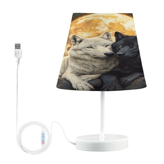 WOBOGO Cozy Two Wolves Table Lamps Bedroom 3-Speed Dimmable Farm Style with Fabric Shade for Reading and Home Office