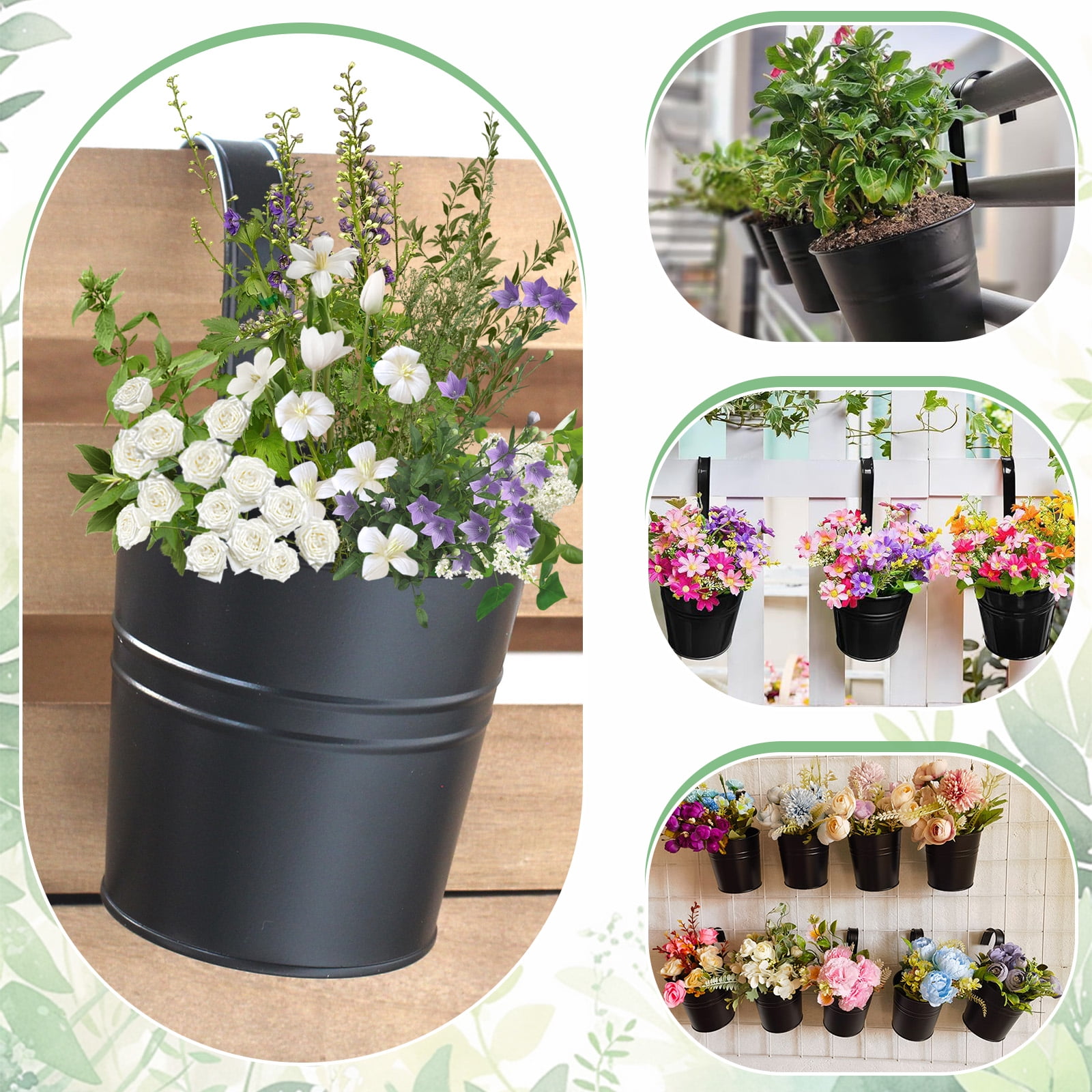 SPOKKI 8Pcs Metal Iron Hanging Flower Pots for Railing,with Detachable Hooks and Drain Holes Oval Hanging Pots Fence Planters for Railing Garden Fence (4pcs 10.6inch+4pcs 4inch