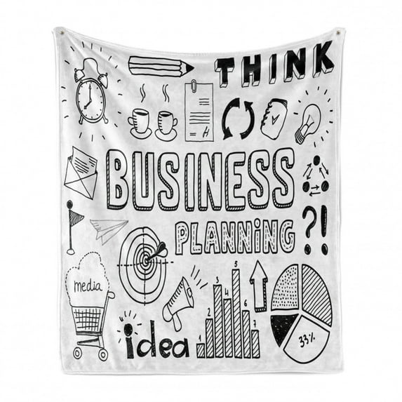 Black White Soft Flannel Fleece Throw Blanket, Business Planning Theme Doodle Set Brainstorming Presentation and Progress, Cozy Plush for Indoor and Outdoor Use, 50" x 70", Black White, by Ambesonne