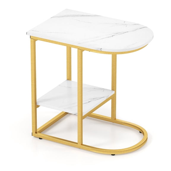 Barara King C-shaped Modern Nightstand Sofa Table with Faux Marble Tabletop and Storage Shelf, Side End Table for Living Room, Bedroom, Home Office, White