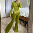 thumbnail image 2 of felwors Women's Velvet 2 Piece Tracksuit Set: Hooded Zip - Up Jacket Flare Pants Casual Loungewear Activewear Light Green, XL, 2 of 6