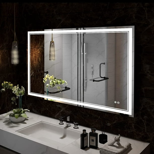 Okpal 48 X 32 Inch Led Bathroom Vanity Mirror Large Wall Mounted Anti Fog Dimmable Makeup With Lights Memory Touch Switch White Neutral Warm Light Horizontal Vertical Com - Best Quality Led Bathroom Mirrors