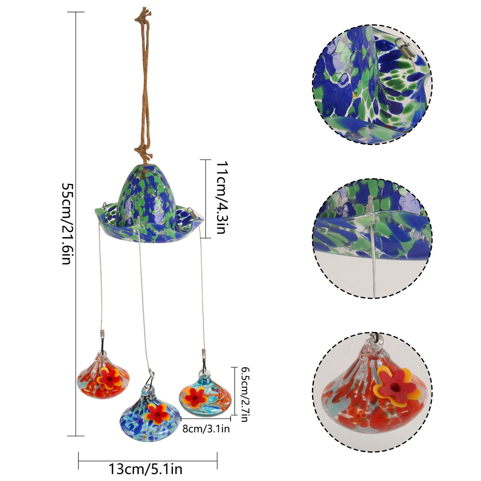 Kugisaki Hanging Bird Bath with 3 Pack Glass Hanging Hummingbird Feeders for Outdoors Glass Humming Bird Feeders Garden Decor for Outside