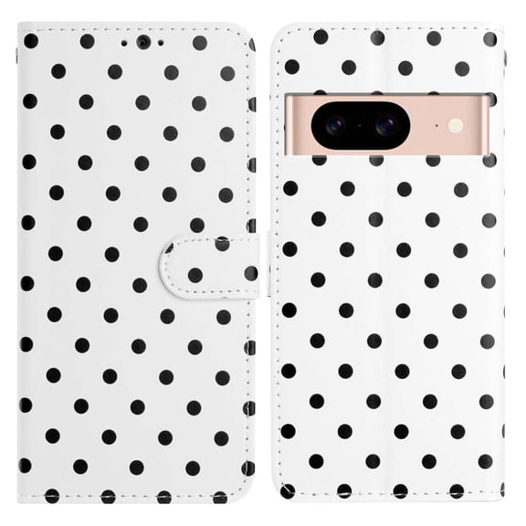 for Google Pixel 8a Wallet Case with Wrist Strap - Faux Leather Flip Folio Phone Case with Card Holder Slot Kickstand Cute Aesthetic Small Round Dot Design for Women Ladies, White