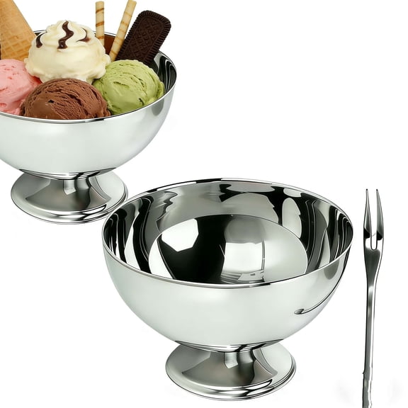 Ice Cream Cup, 160ml Stainless Steel Serving Dessert Bowls Cups with Fork, Sauce Bowls Mini Round Footed Yogurt Snack Candy Cups for Salad Fruit Pudding Christmas, Silver
