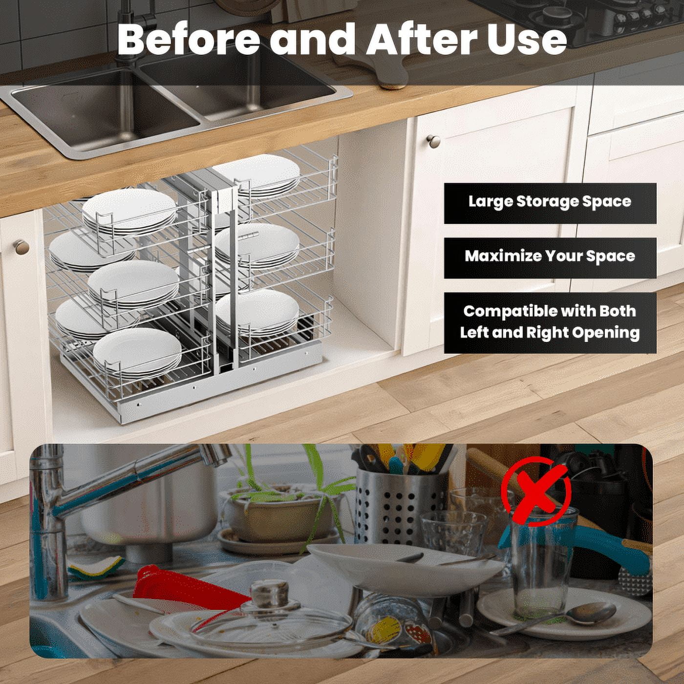 Under Sink Organizer, 108 lb Load Capacity, Left/Right Opening, Steel Shelf Organizer, for Kitchen, Garage​
